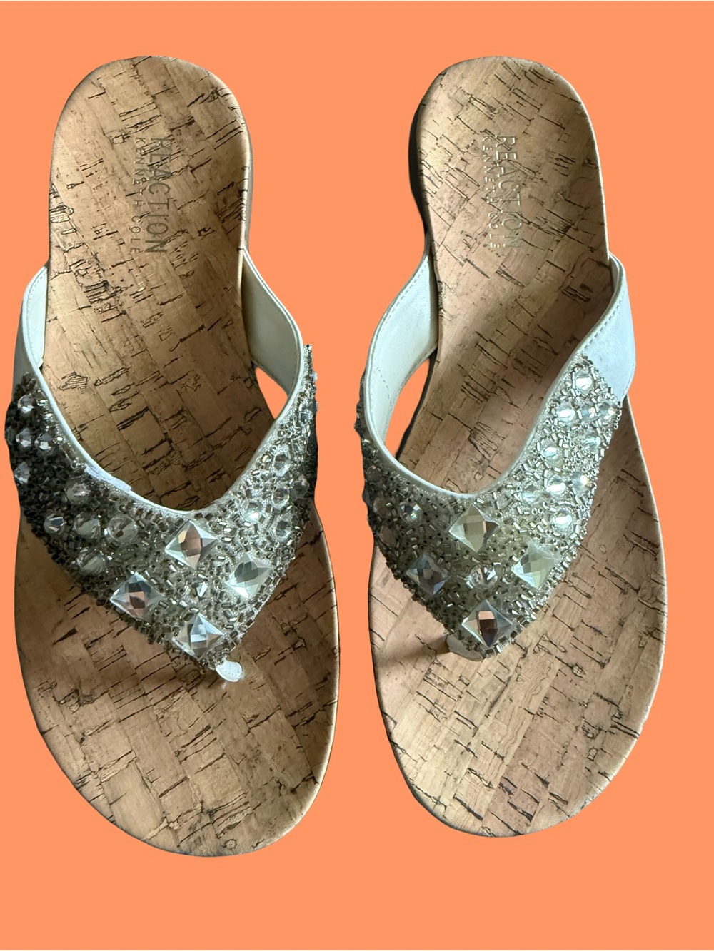 Kenneth Cole White Crystal Embellished Cork-Style Thong Sandals